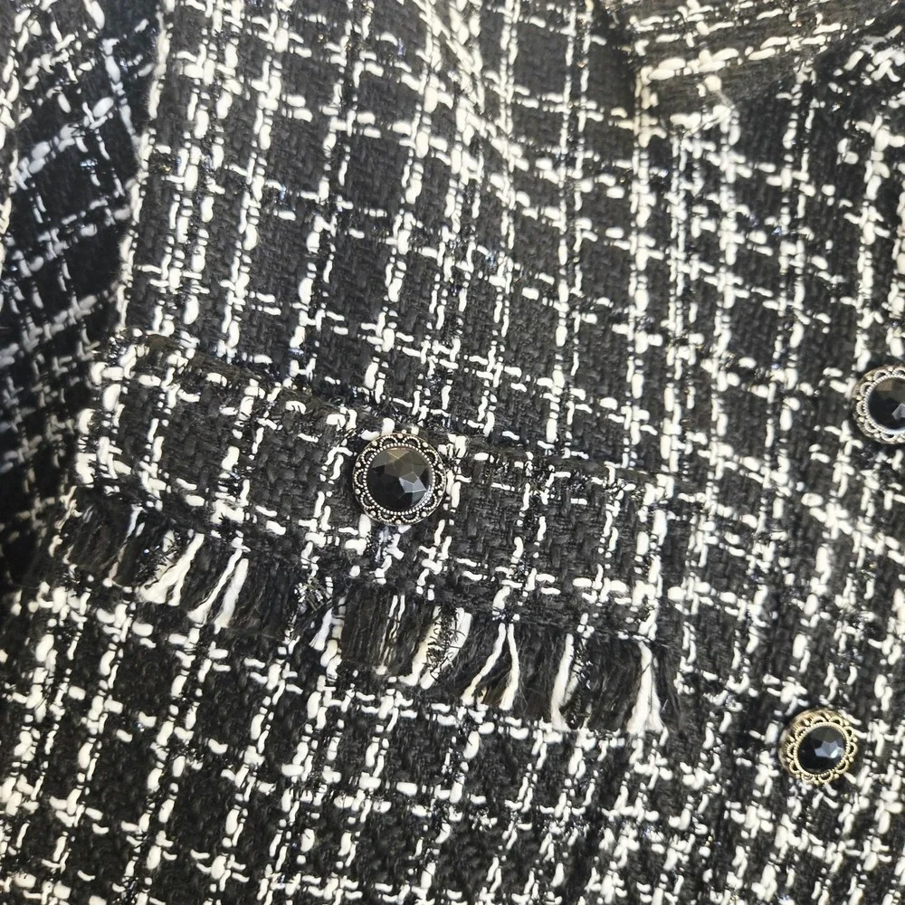 Cato Black White Tweed Shirt Jacket Shacket Button Front Fringe Pockets Small